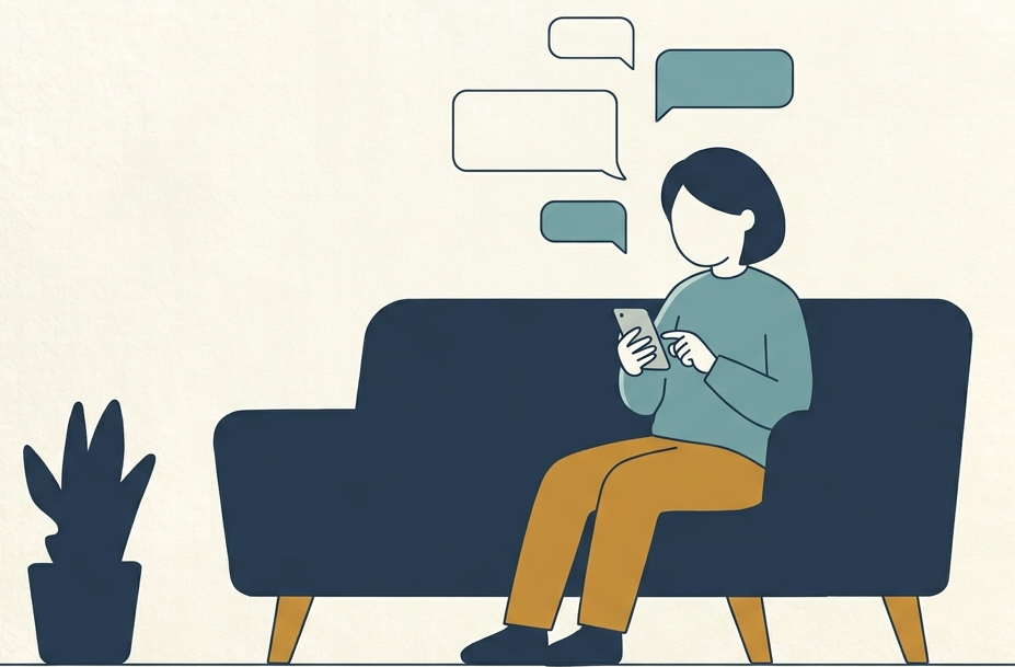 ソファでくつろぎながらスマートフォンで短いメッセージを打つ人と、浮かぶ吹き出しのイラスト